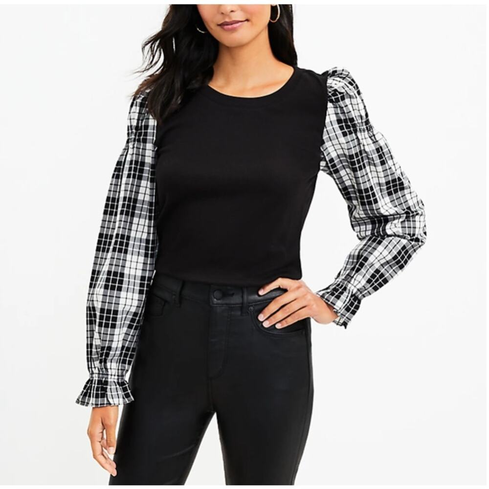 LOFT M Black Knit Body Checked Long Puff Sleeves Top Pullover Ruffle Cuffs Plaid